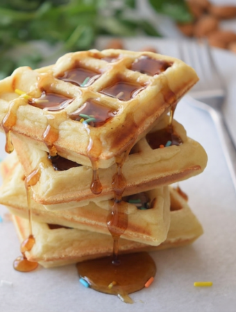 cake batter waffles with syrup