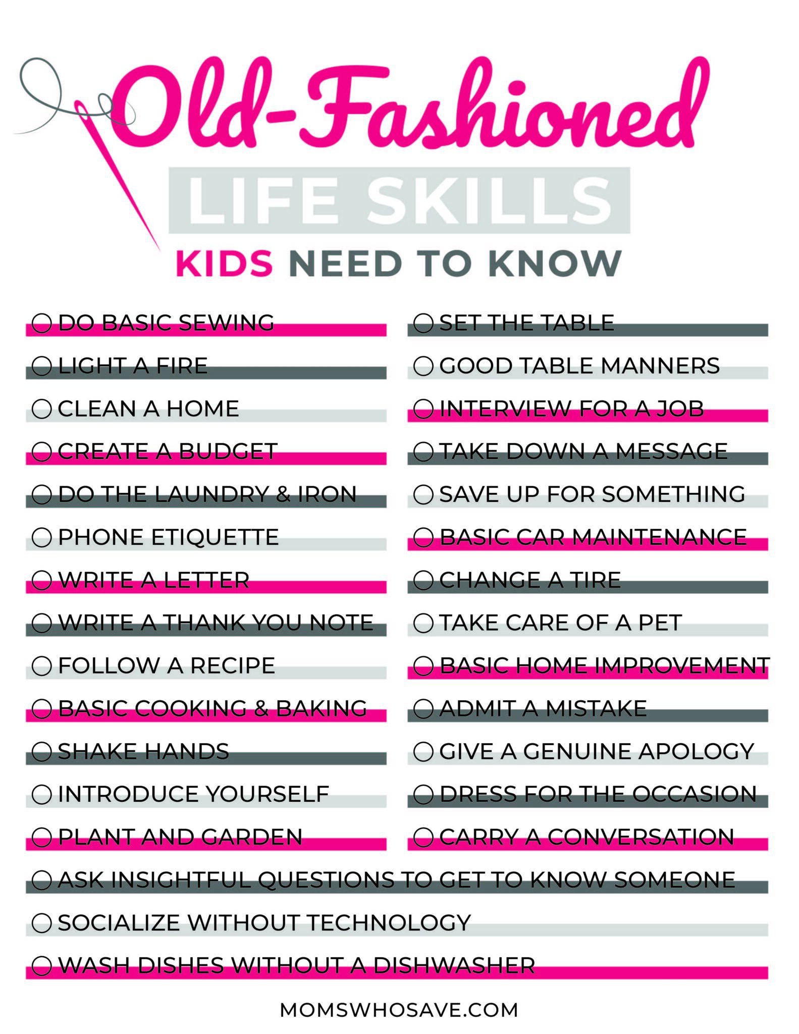 29 Old-Fashioned Skills Kids Need To Know (Free Printable ...