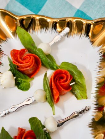“Flower” Pepperoni, Basil, and Mozzarella Skewers