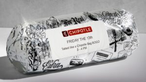 On Friday, June 13, Chipotle will drop a limited-edition collection of 13 temporary tattoos that feature designs inspired by iconic elements of the brand, including its real ingredients, coveted black fork, water cup and “Chipotle is my life” slogan. The brand is hosting a "flash" one hour BOGO offer for fans who are "tatted up like a Chipotle bag" on June 13 from 3 - 4pm local time.