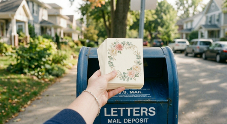 woman's hand putting postcards in a mailbox woman's hand putting postcards in a mailbox